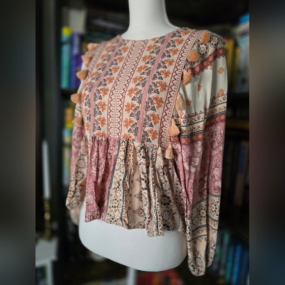 Bohemian Floral Print Blouse - Pink and Cream - Picture 2 of 10